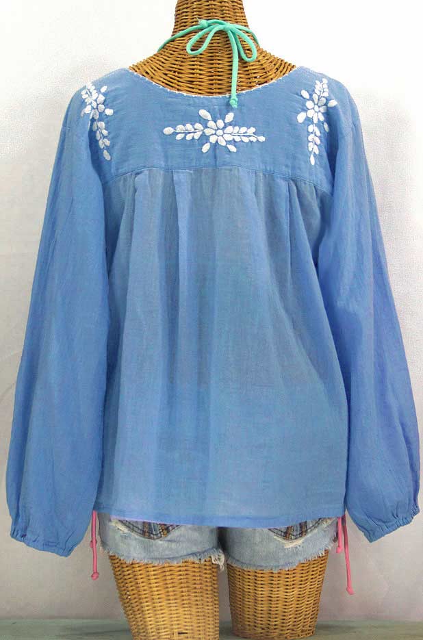 "La Mariposa Larga" Embroidered Mexican Style Peasant Top - Light Blue
