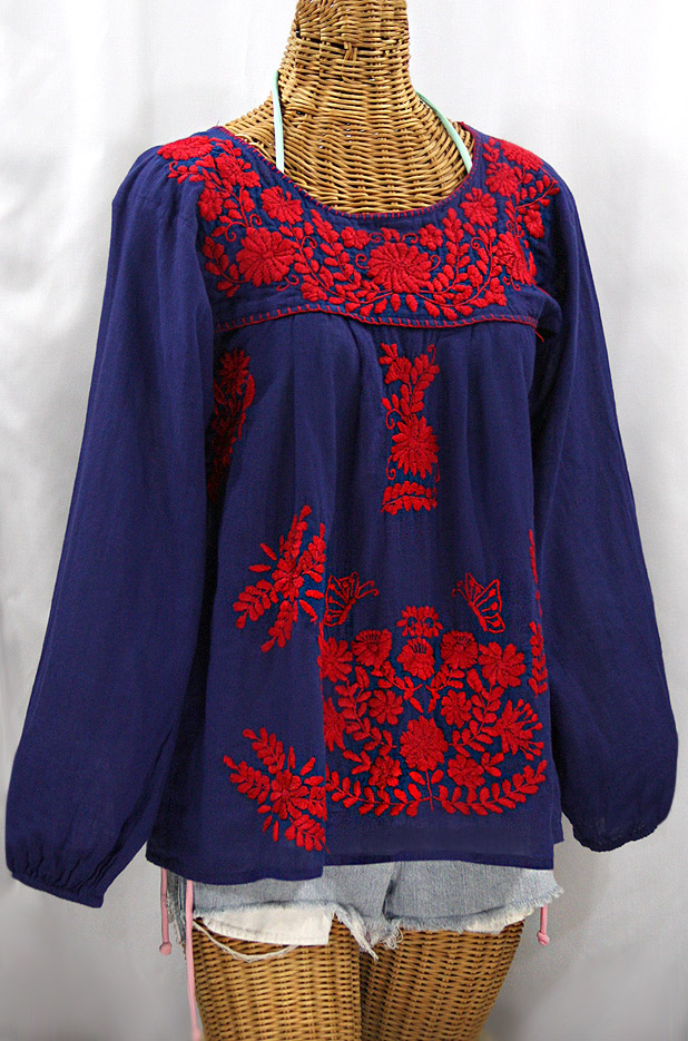 "La Mariposa Larga" Embroidered Mexican Style Peasant Top - Denim + Red