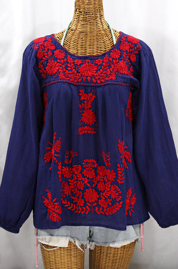 "La Mariposa Larga" Embroidered Mexican Style Peasant Top - Denim + Red