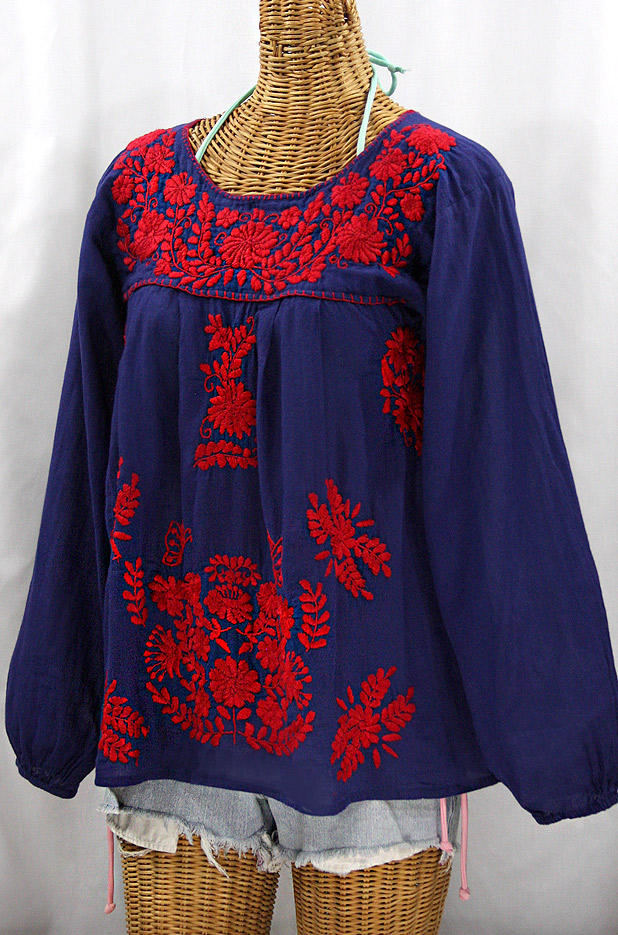 "La Mariposa Larga" Embroidered Mexican Style Peasant Top - Denim + Red