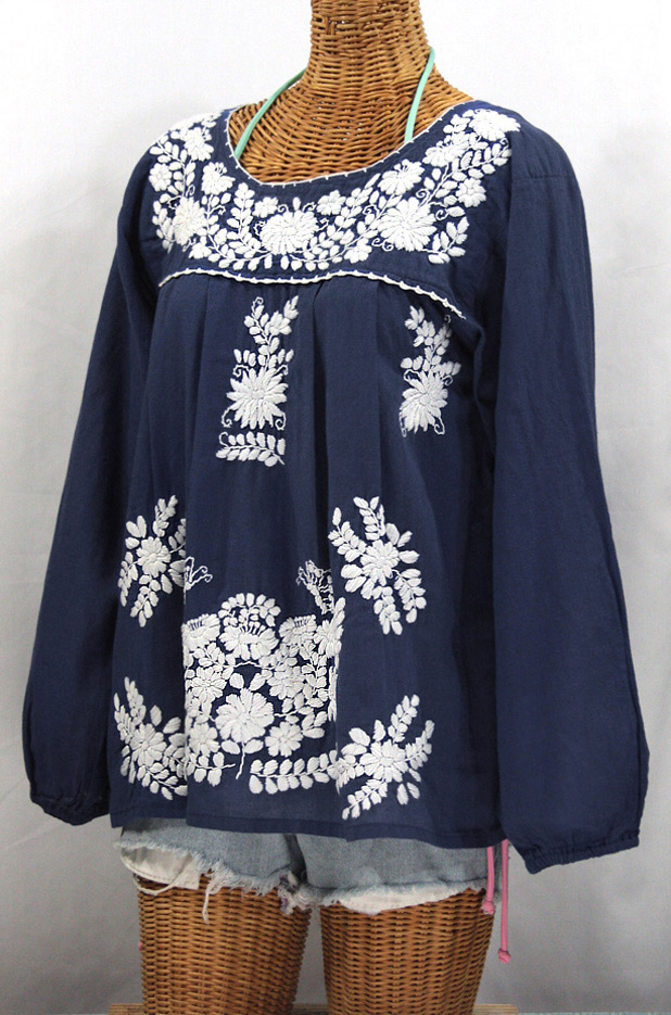 "La Mariposa Larga" Longsleeve Mexican Blouse - Navy Blue + White