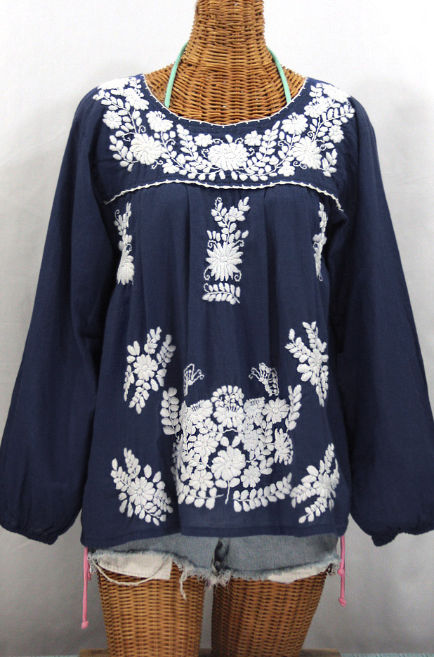 "La Mariposa Larga" Longsleeve Mexican Blouse - Navy Blue + White