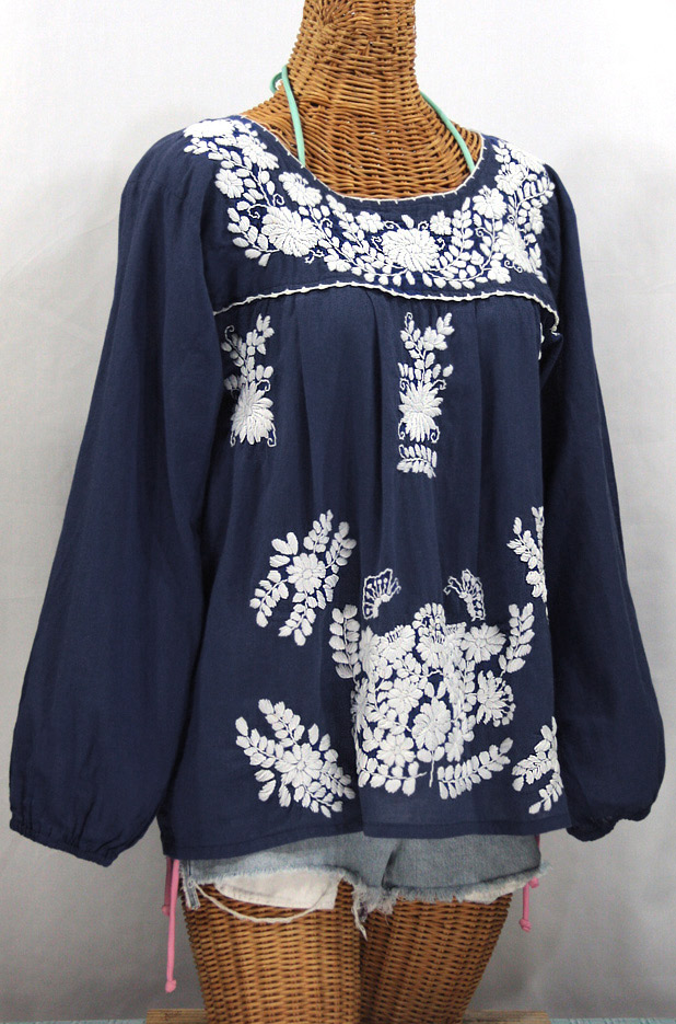 "La Mariposa Larga" Longsleeve Mexican Blouse - Navy Blue + White