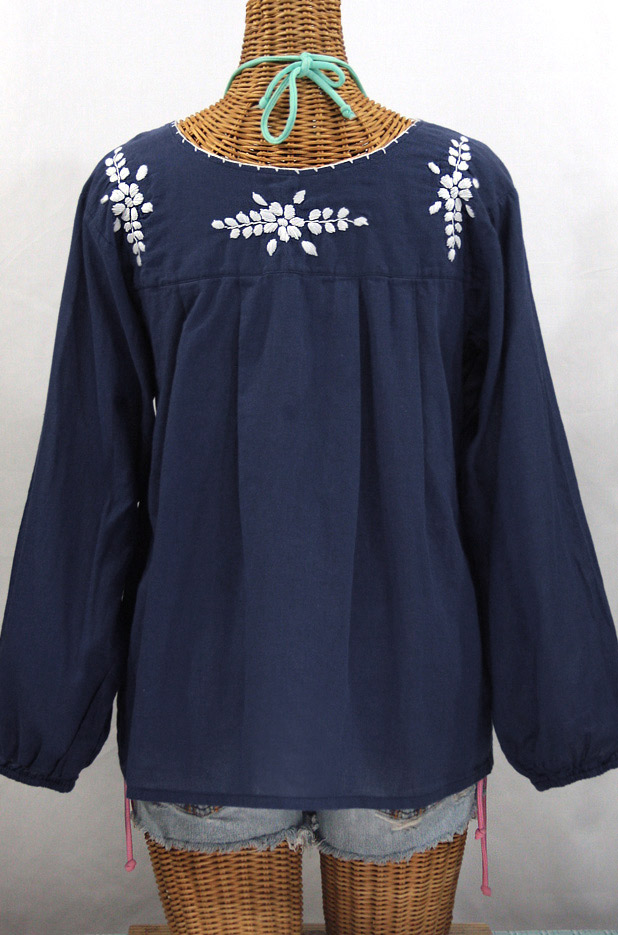 "La Mariposa Larga" Longsleeve Mexican Blouse - Navy Blue + White