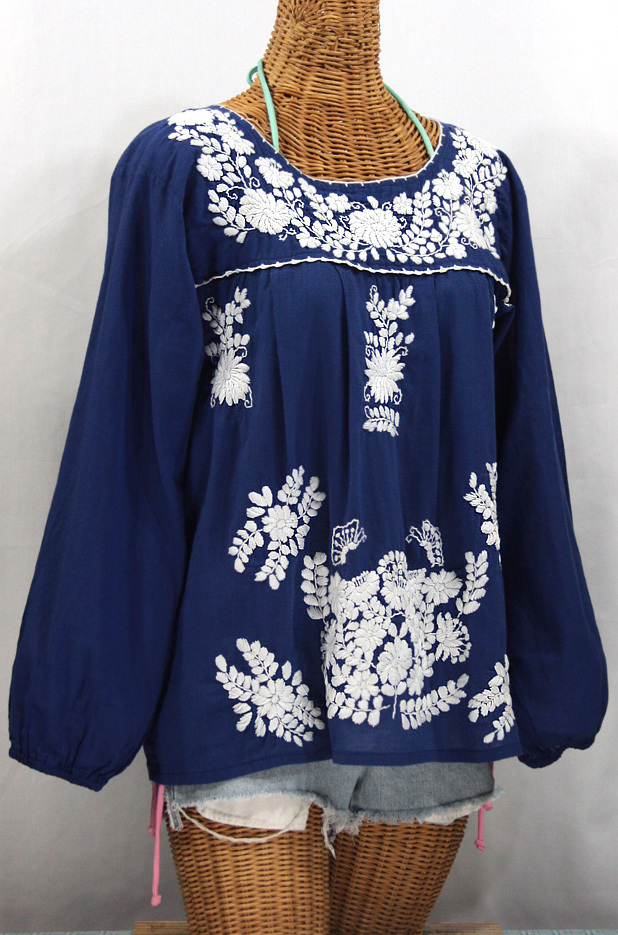 "La Mariposa Larga" Embroidered Mexican Blouse - Denim Blue