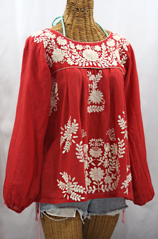 "La Mariposa Larga" Embroidered Mexican Style Peasant Top - Tomato Red + Cream