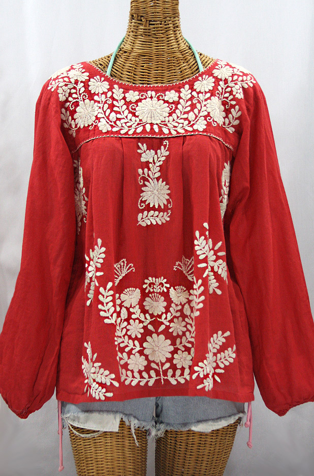 "La Mariposa Larga" Embroidered Mexican Style Peasant Top - Tomato Red + Cream