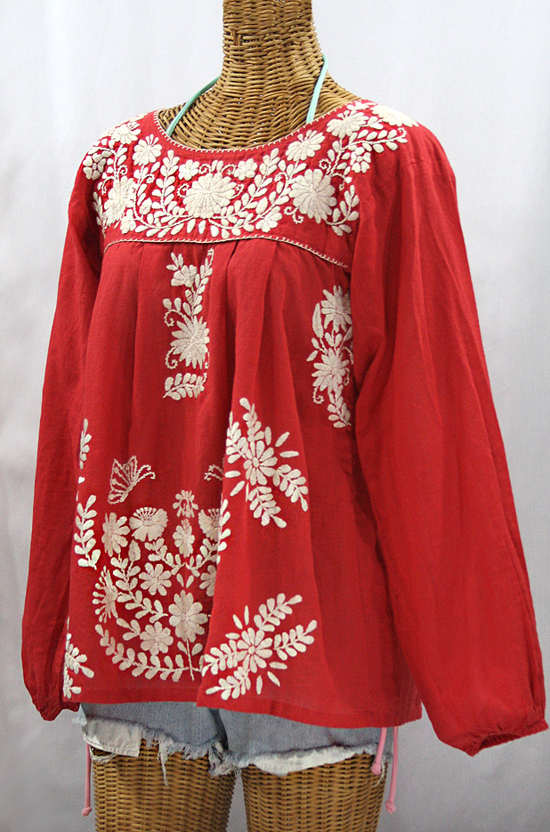 "La Mariposa Larga" Embroidered Mexican Style Peasant Top - Tomato Red + Cream