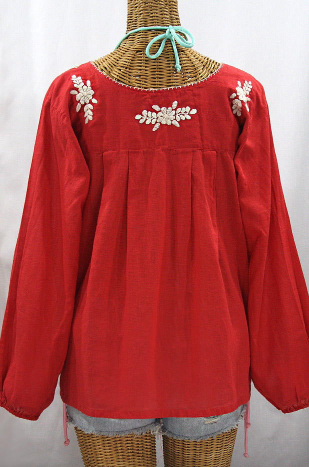 "La Mariposa Larga" Embroidered Mexican Style Peasant Top - Tomato Red + Cream