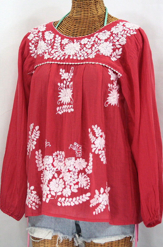 "La Mariposa Larga" Embroidered Mexican Style Peasant Top - Tomato Red