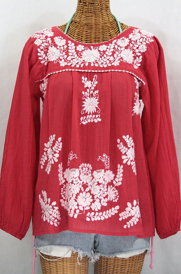 "La Mariposa Larga" Embroidered Mexican Style Peasant Top - Tomato Red