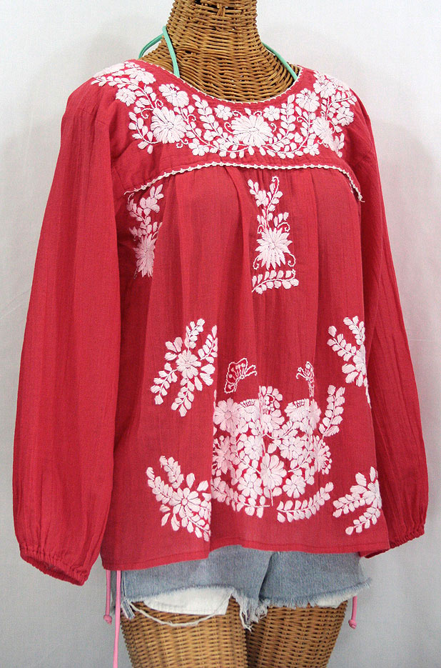 "La Mariposa Larga" Embroidered Mexican Style Peasant Top - Tomato Red