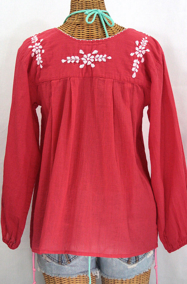 "La Mariposa Larga" Embroidered Mexican Style Peasant Top - Tomato Red