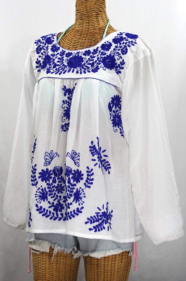 "La Mariposa Larga de Color" Longsleeve Mexican Blouse - White + Blue