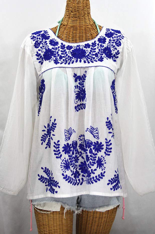 "La Mariposa Larga de Color" Longsleeve Mexican Blouse - White + Blue