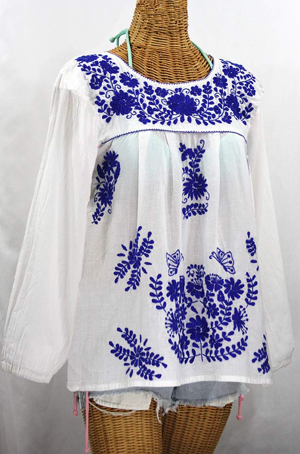 "La Mariposa Larga de Color" Longsleeve Mexican Blouse - White + Blue