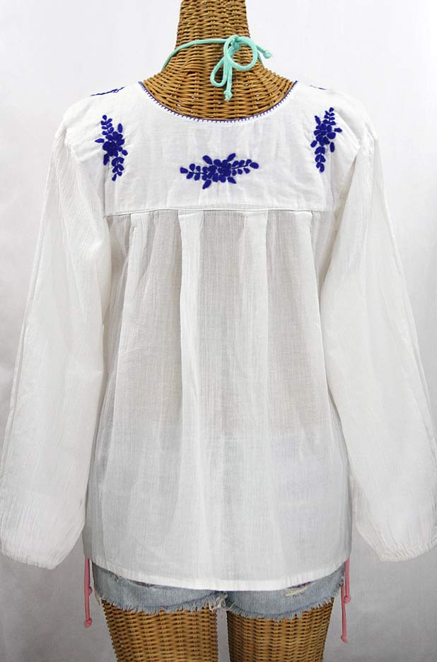 "La Mariposa Larga de Color" Longsleeve Mexican Blouse - White + Blue