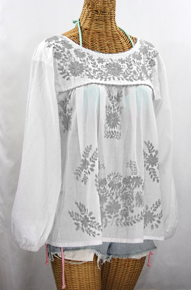 "La Mariposa Larga de Color" Longsleeve Mexican Blouse - White + Grey