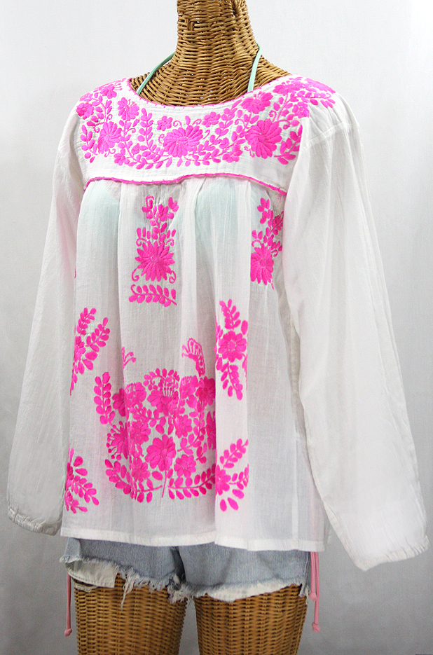 "La Mariposa Larga de Color" Longsleeve Mexican Blouse - White + Neon Pink