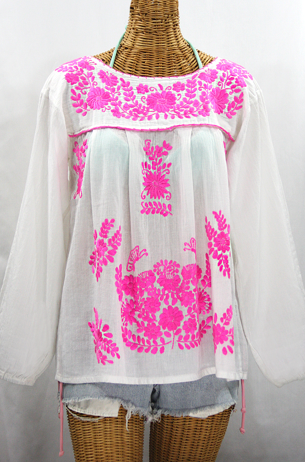 FINAL SALE -- "La Mariposa Larga de Color" Longsleeve Mexican Blouse - White + Neon Pink