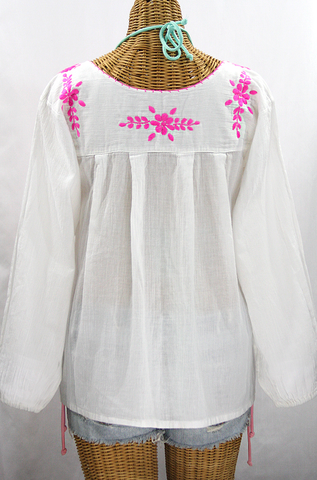 "La Mariposa Larga de Color" Longsleeve Mexican Blouse - White + Neon Pink