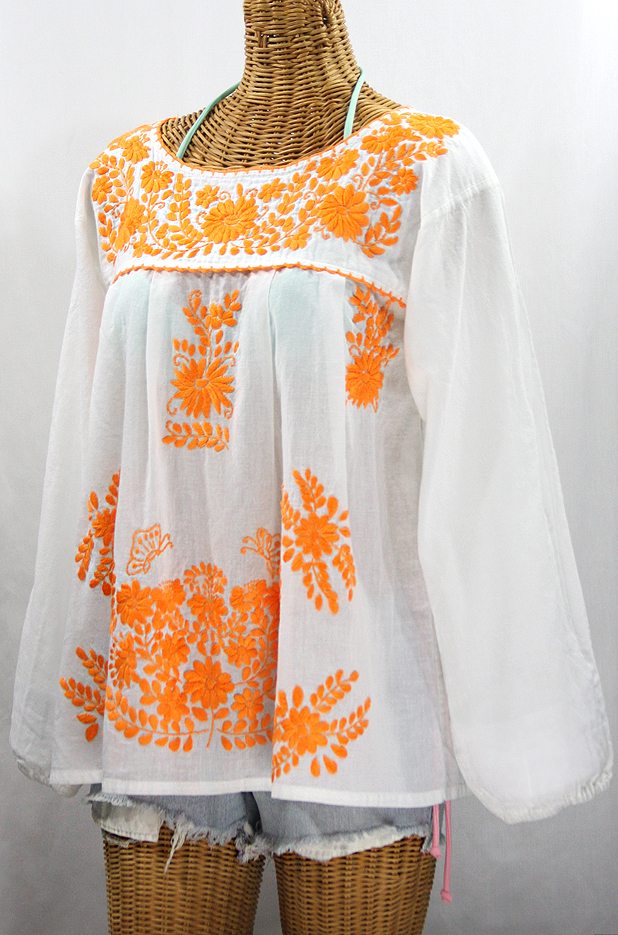 "La Mariposa Larga de Color" Longsleeve Mexican Blouse - White + Neon Orange