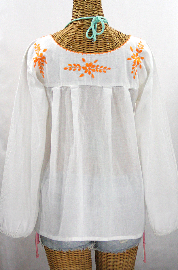 "La Mariposa Larga de Color" Longsleeve Mexican Blouse - White + Neon Orange