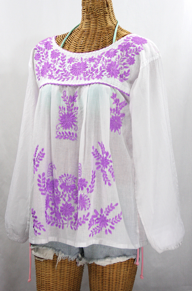 FINAL SALE -- "La Mariposa Larga de Color" Longsleeve Mexican Blouse - White + Purple