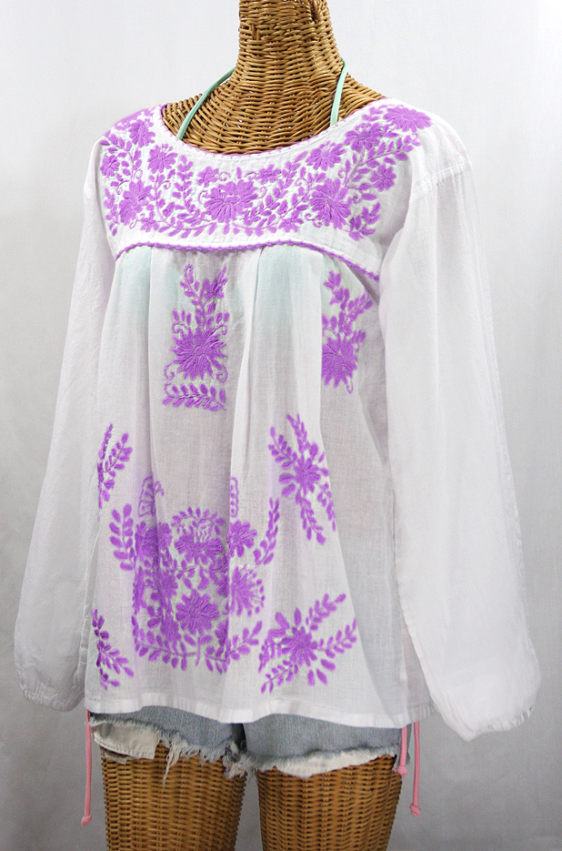 "La Mariposa Larga de Color" Longsleeve Mexican Blouse - White + Purple