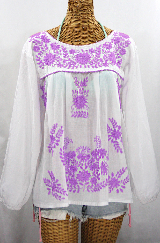 FINAL SALE -- "La Mariposa Larga de Color" Longsleeve Mexican Blouse - White + Purple