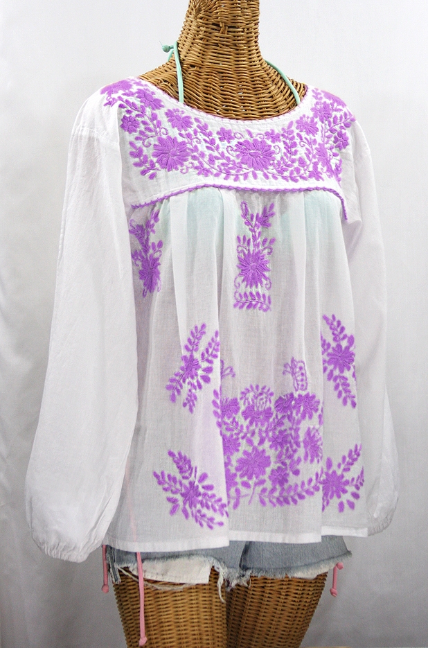 "La Mariposa Larga de Color" Longsleeve Mexican Blouse - White + Purple