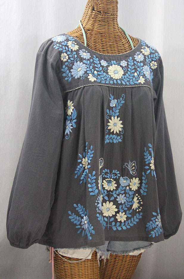 "La Mariposa Larga" Embroidered Mexican Style Peasant Top - Medium Grey + Blue Mix