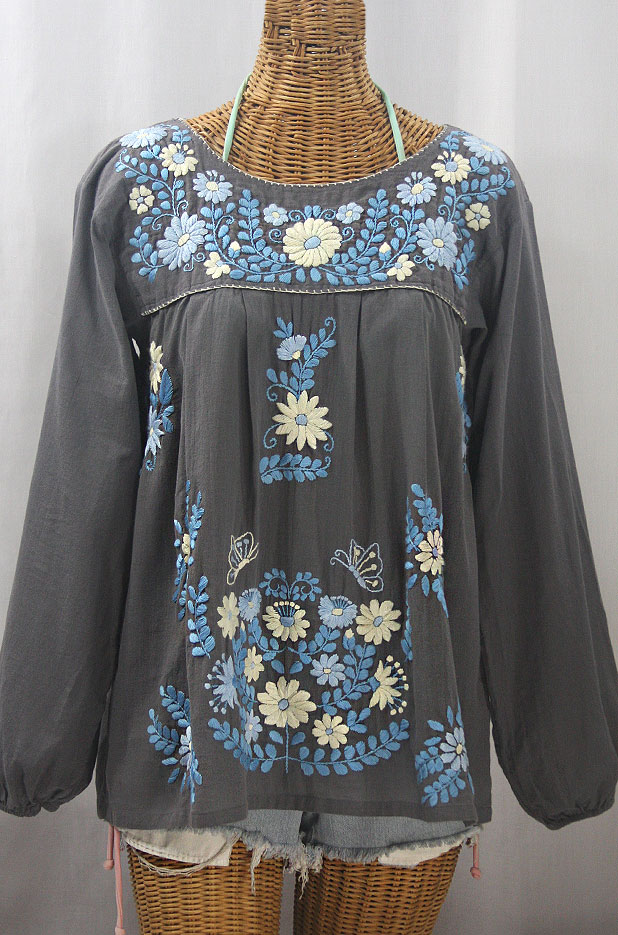 "La Mariposa Larga" Embroidered Mexican Style Peasant Top - Medium Grey + Blue Mix