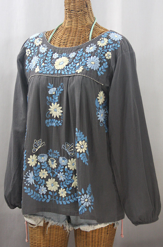 "La Mariposa Larga" Embroidered Mexican Style Peasant Top - Medium Grey + Blue Mix