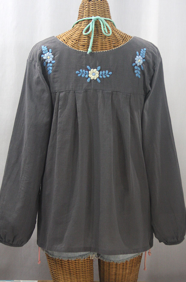 "La Mariposa Larga" Embroidered Mexican Style Peasant Top - Medium Grey + Blue Mix