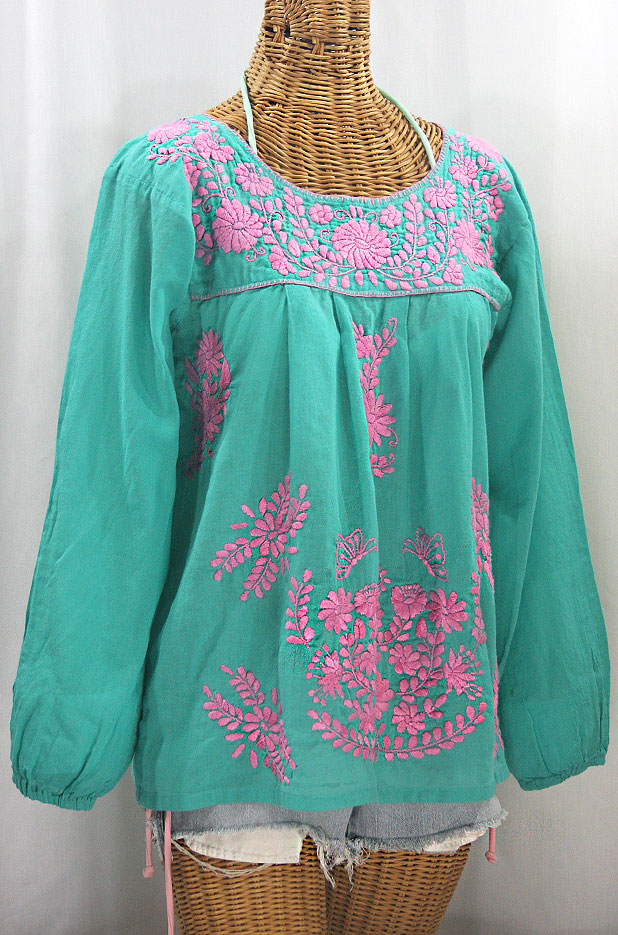 "La Mariposa Larga de Color" Longsleeve Mexican Blouse - Mint + Pink