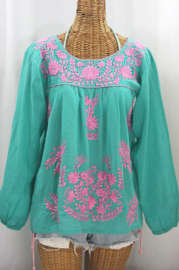 "La Mariposa Larga de Color" Longsleeve Mexican Blouse - Mint + Pink