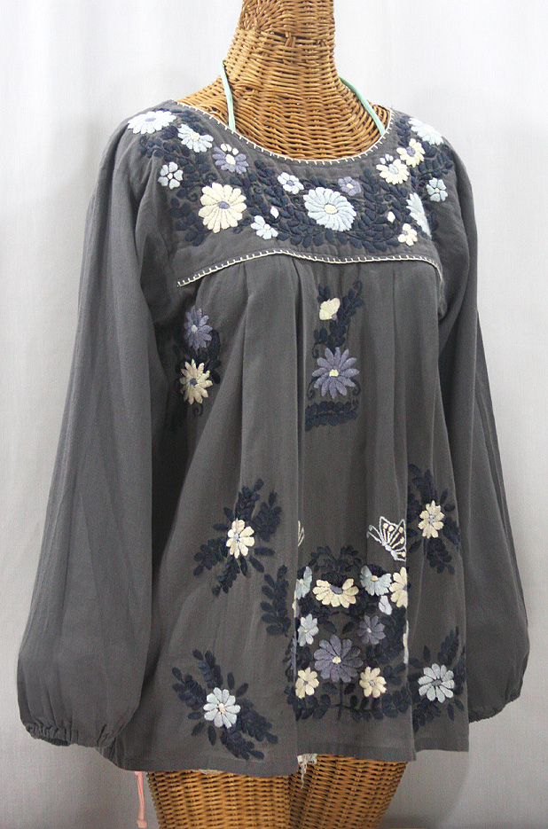 "La Mariposa Larga" Embroidered Mexican Style Peasant Top - Medium Grey + Grey Mix