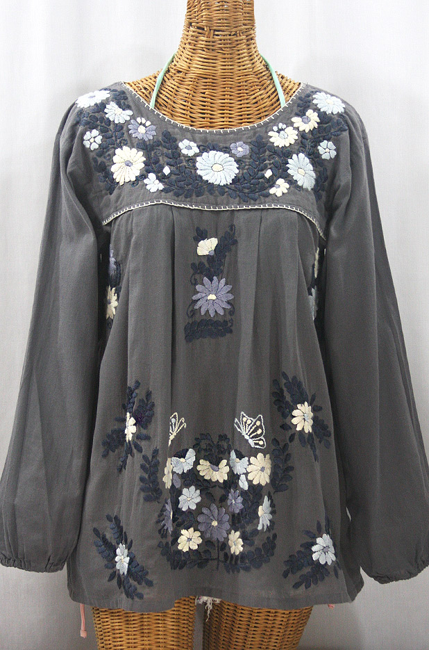 "La Mariposa Larga" Embroidered Mexican Style Peasant Top - Medium Grey + Grey Mix