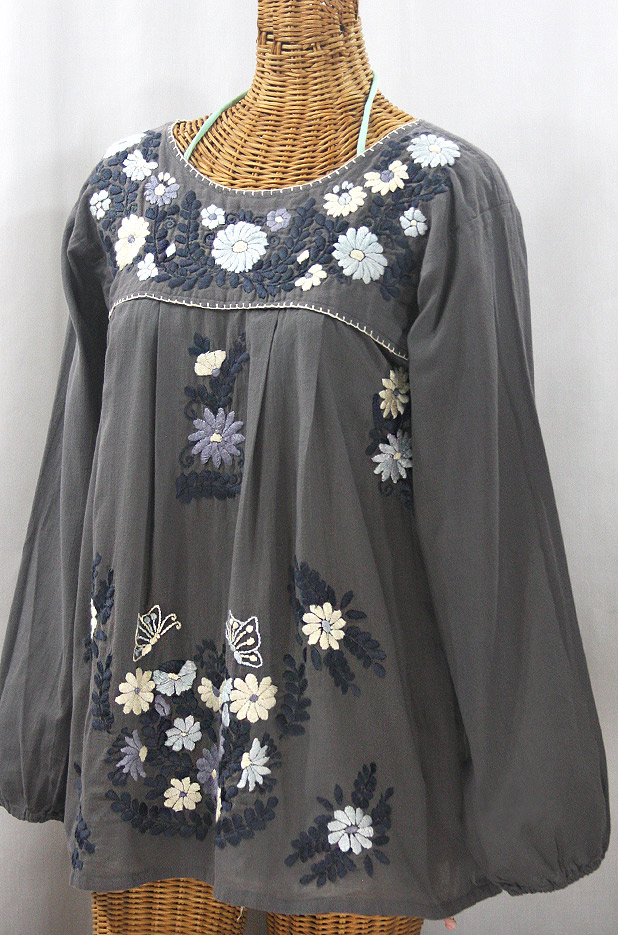 "La Mariposa Larga" Embroidered Mexican Style Peasant Top - Medium Grey + Grey Mix