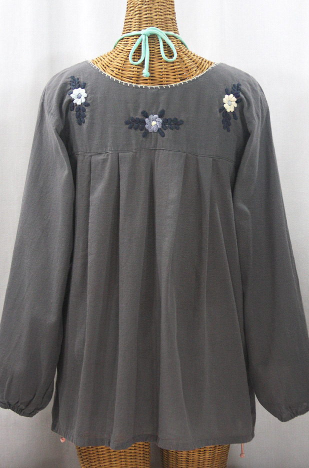 "La Mariposa Larga" Embroidered Mexican Style Peasant Top - Medium Grey + Grey Mix