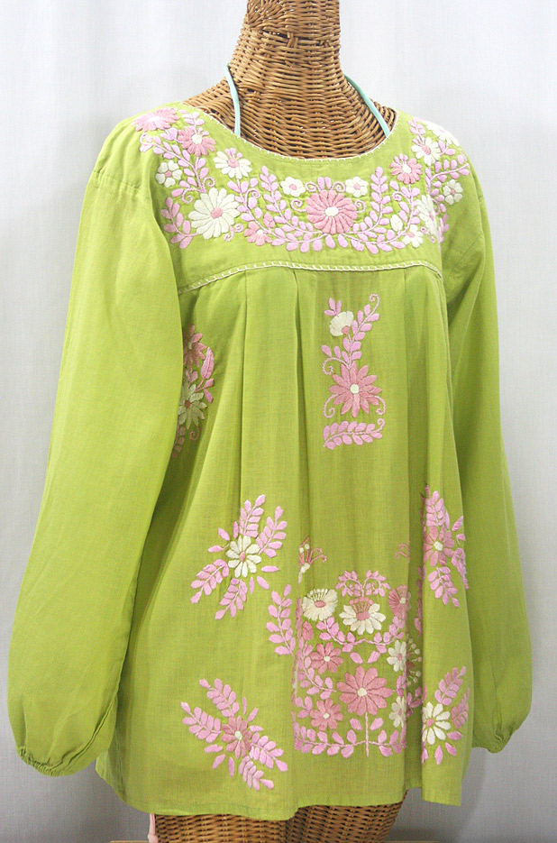 "La Mariposa Larga" Embroidered Mexican Style Peasant Top - Moss Green + Pink Mix