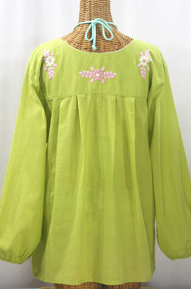 "La Mariposa Larga" Embroidered Mexican Style Peasant Top - Moss Green + Pink Mix