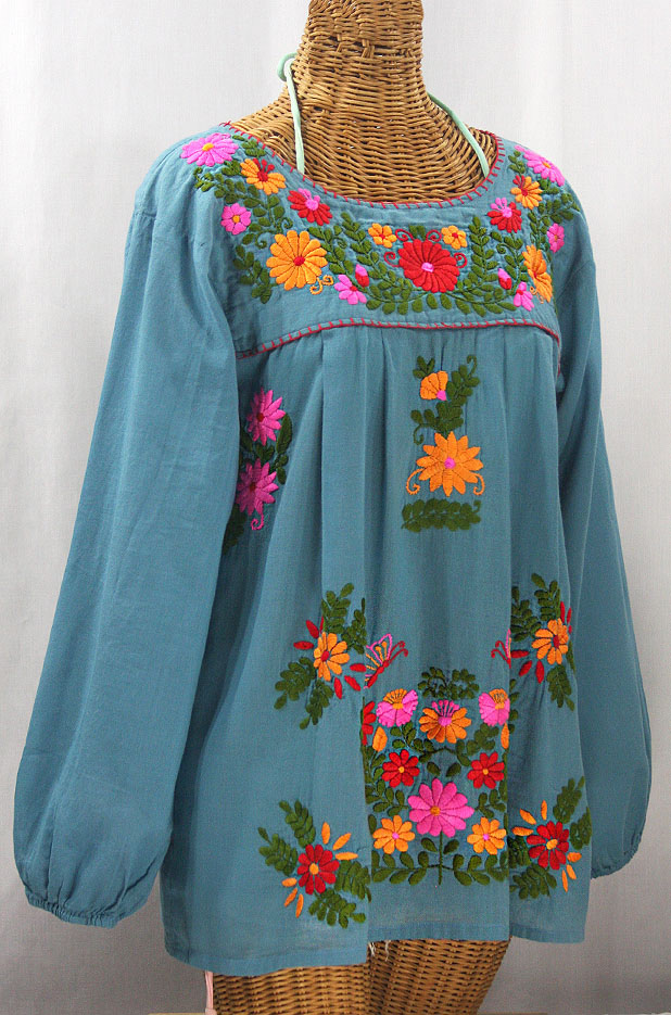 "La Mariposa Larga" Embroidered Mexican Style Peasant Top - Pool + Bright Multi