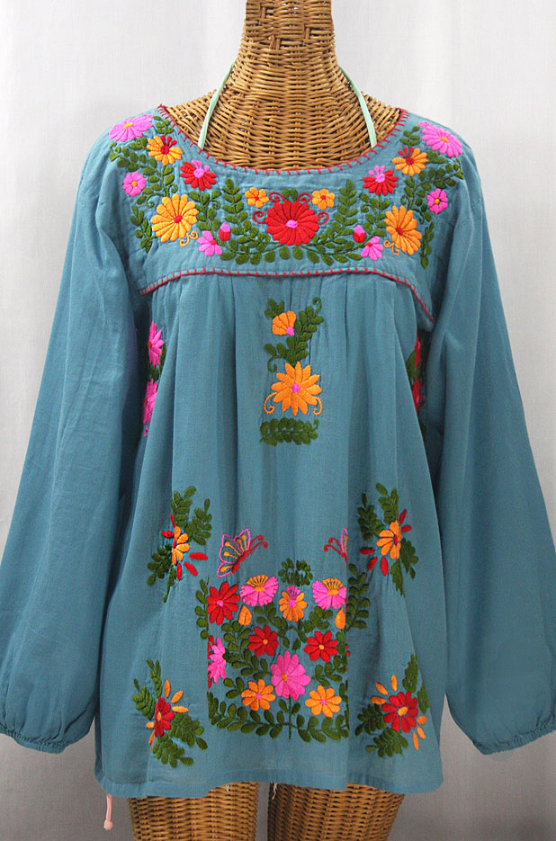 "La Mariposa Larga" Embroidered Mexican Style Peasant Top - Pool + Bright Multi