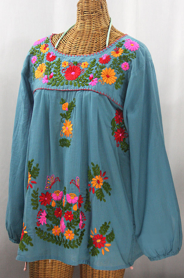 "La Mariposa Larga" Embroidered Mexican Style Peasant Top - Pool + Bright Multi