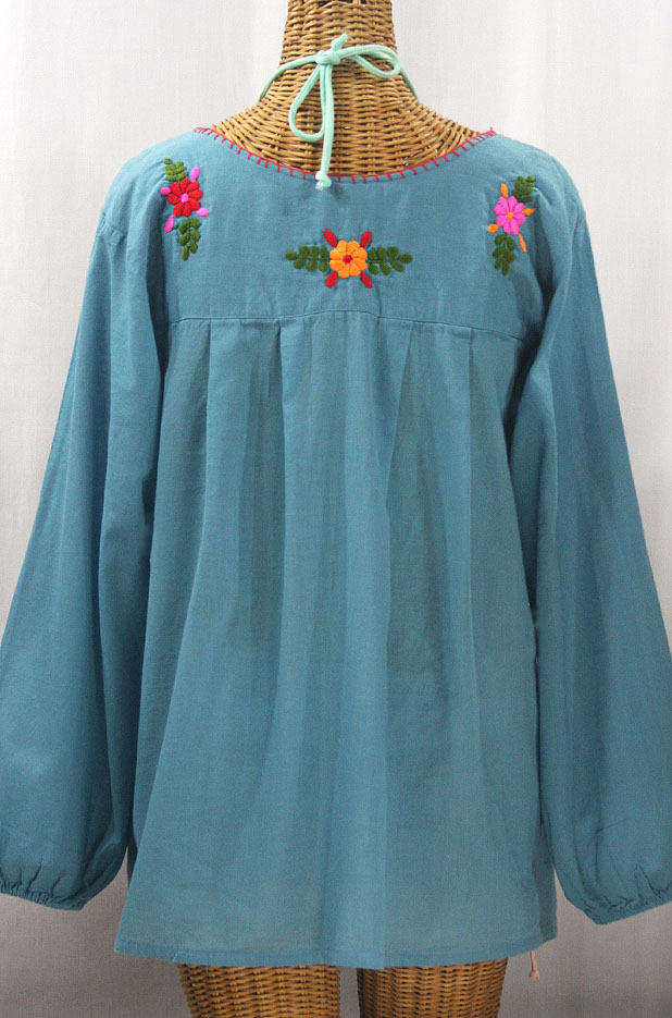 "La Mariposa Larga" Embroidered Mexican Style Peasant Top - Pool + Bright Multi