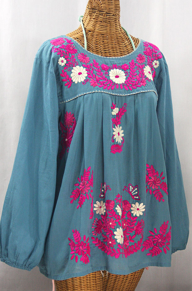 "La Mariposa Larga" Embroidered Mexican Style Peasant Top - Pool + Bright Pink Multi