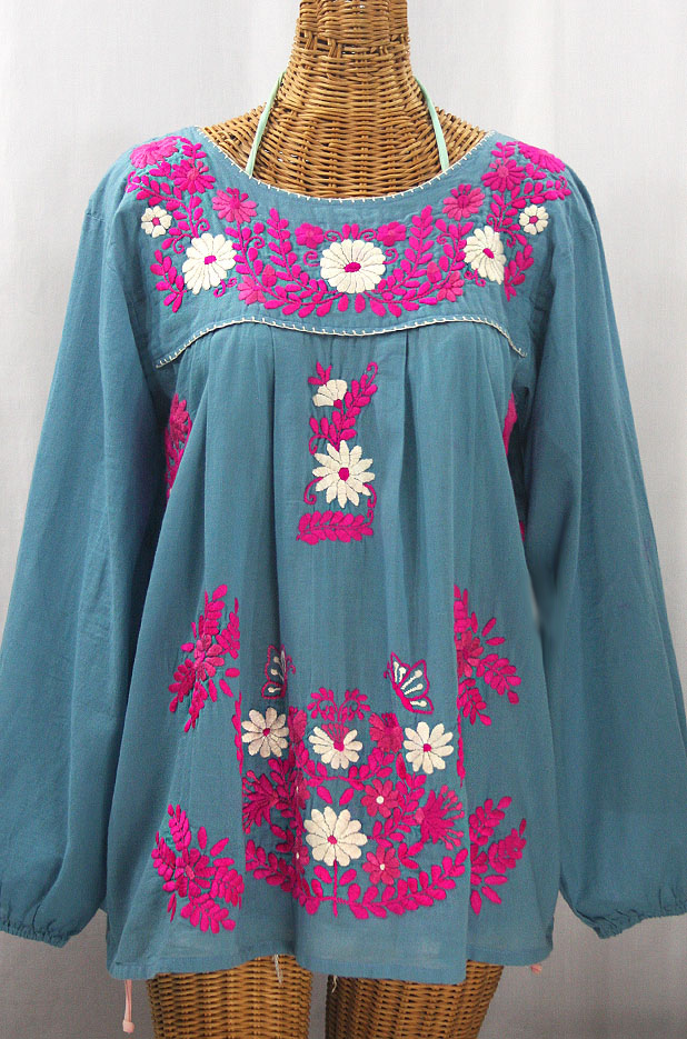"La Mariposa Larga" Embroidered Mexican Style Peasant Top - Pool + Bright Pink Multi