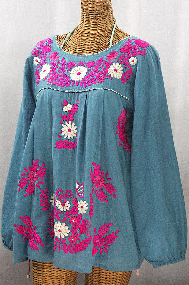 "La Mariposa Larga" Embroidered Mexican Style Peasant Top - Pool + Bright Pink Multi